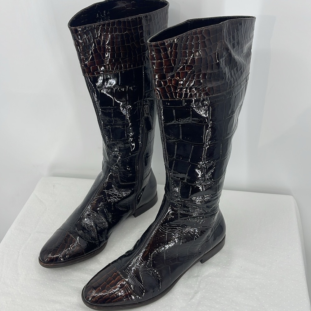 Alex Marie WOMENS SIZE 9 Black BOOT BROWN TOE SHINY FAUX CROCODILE, PATTEN - Picture 3 of 10